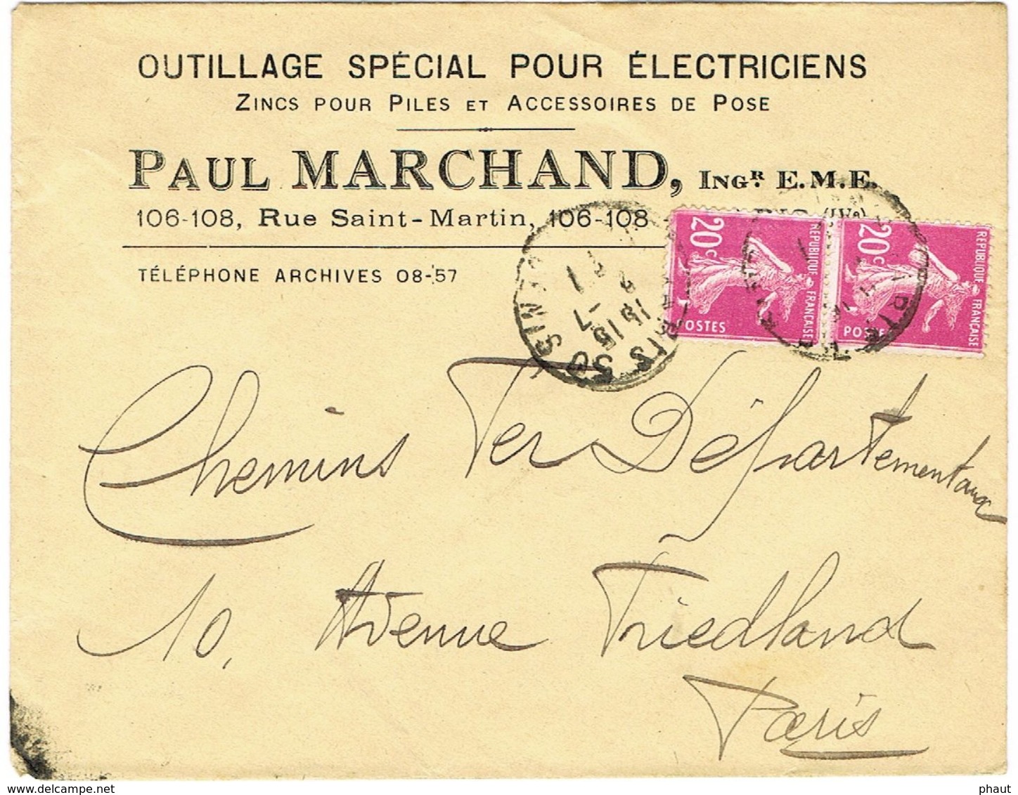 ENVELOPPE A EN-TETE OUTILLAGE POUR ELECTRICIENS PAUL MARCHAND PARIS - 1921-1960: Moderne