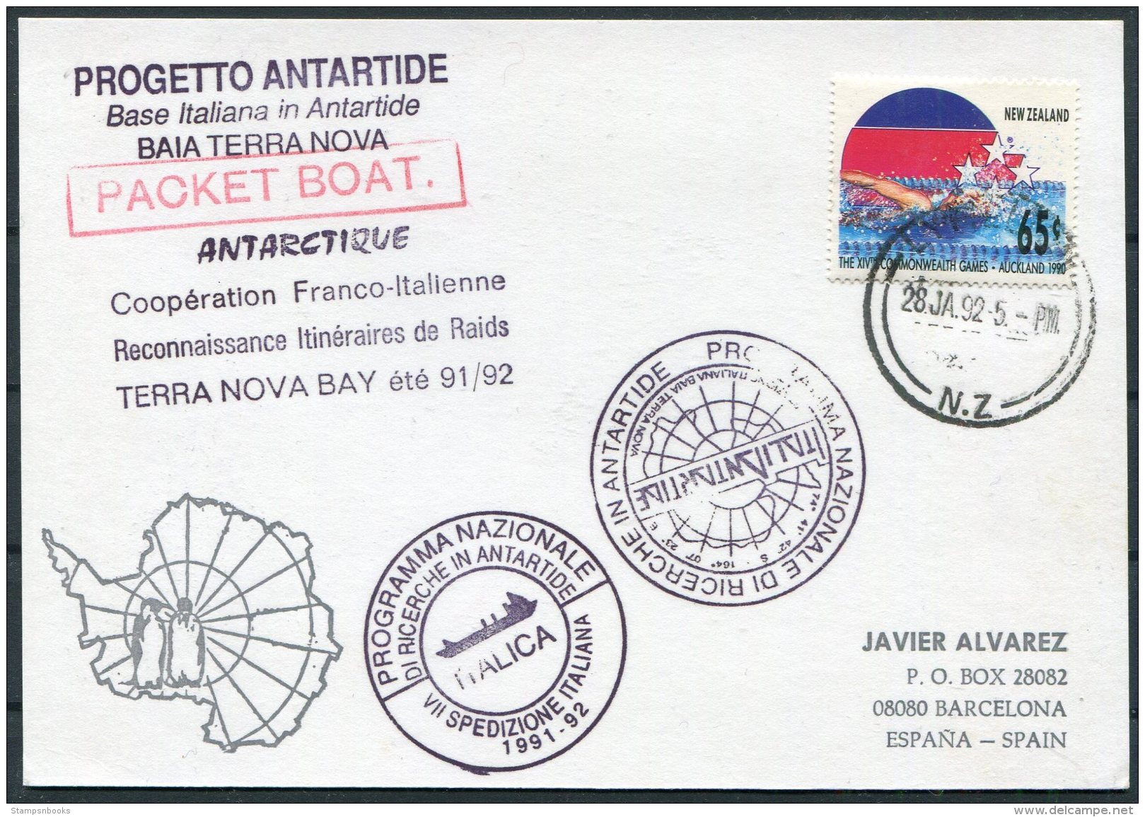 1992 New Zealand, Italy Antarctic, Terra Nova Bay Ship Penguin Postcard - Covers & Documents