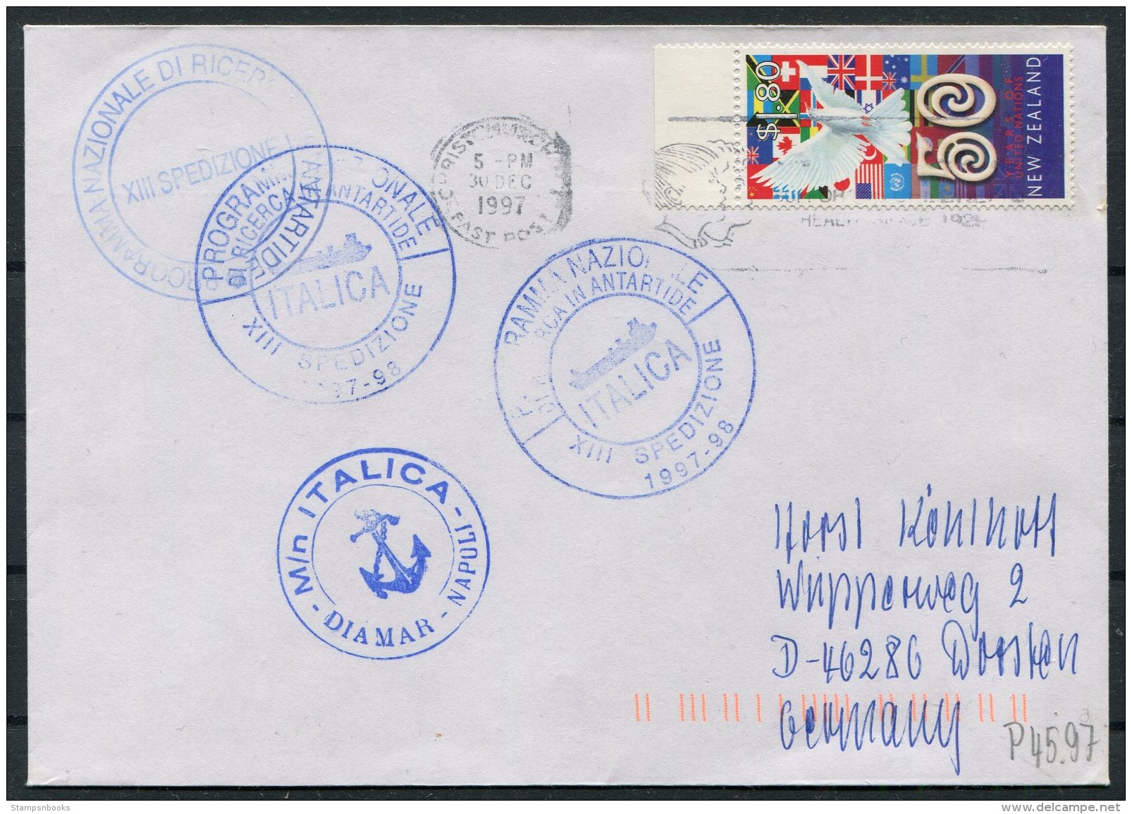 1991 New Zealand, Christchurch Italy Antarctic, ITALICA Ship, Napoli Cover - Cartas & Documentos