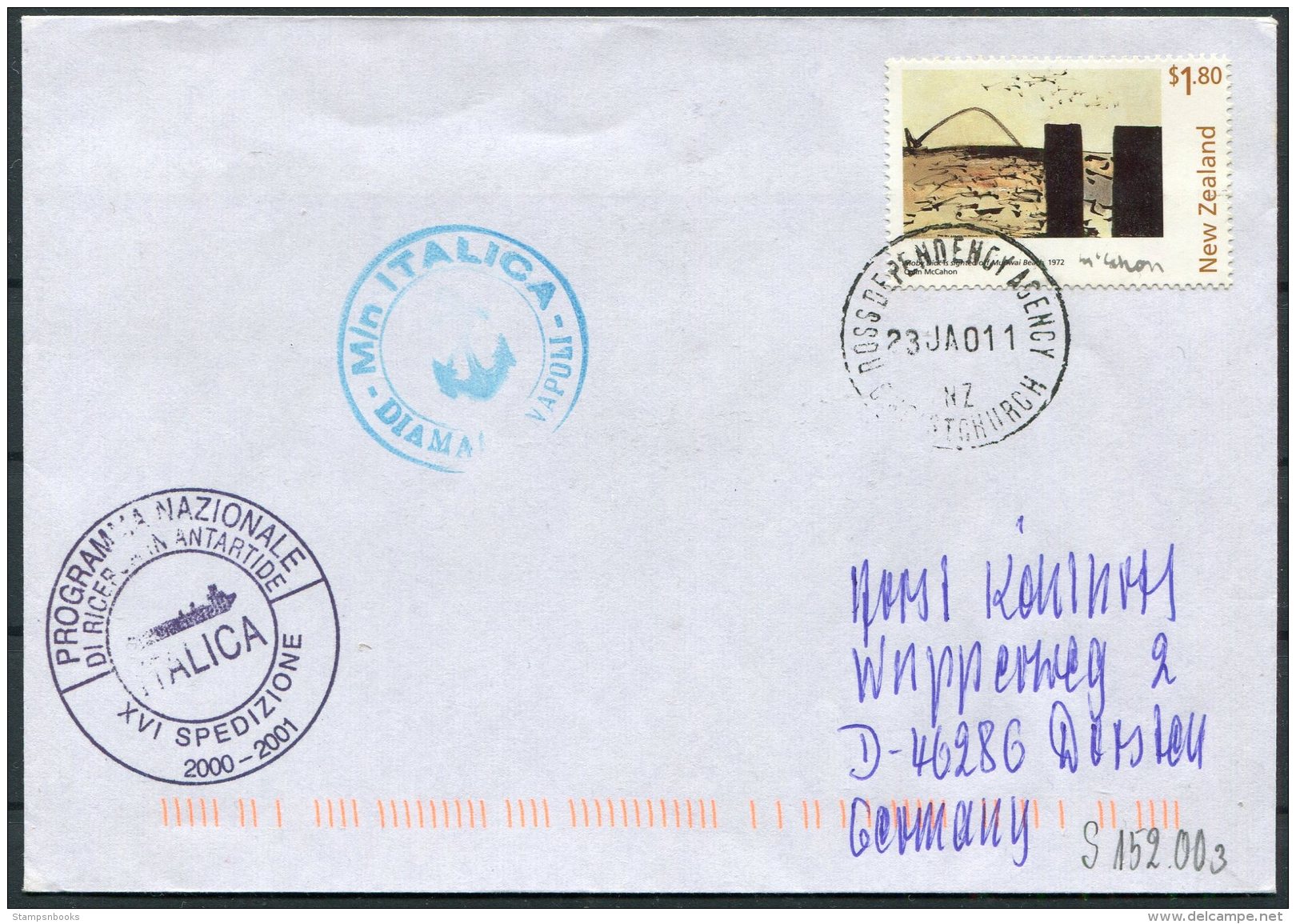 2001 New Zealand, Christchurch Italy Antarctic, ITALICA Ship, Napoli Cover. Ross Dependency - Cartas & Documentos