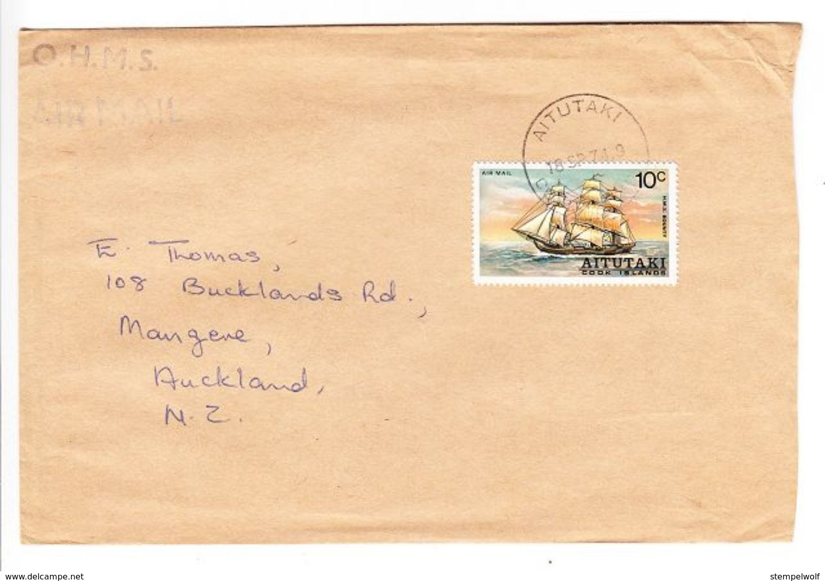 Luftpost, EF Segelschiff Bounty, Aitutaki Nach Auckland 1974 (47653) - Aitutaki