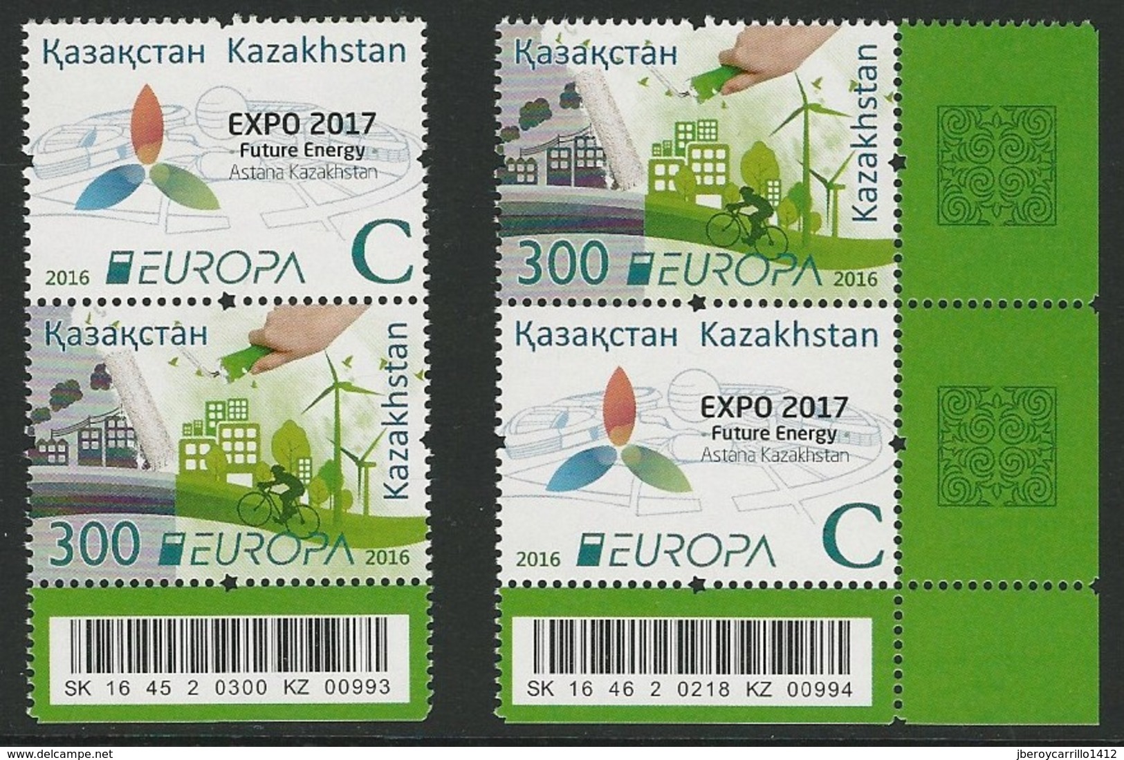 KAZAKHSTAN - EUROPA 2016 -TEMA "ECOLOGIA -EL PENSAMIENTO VERDE -THINK GREEN".- 2 SERIES VERTICALES / CÓDIGO BARRAS - 2016