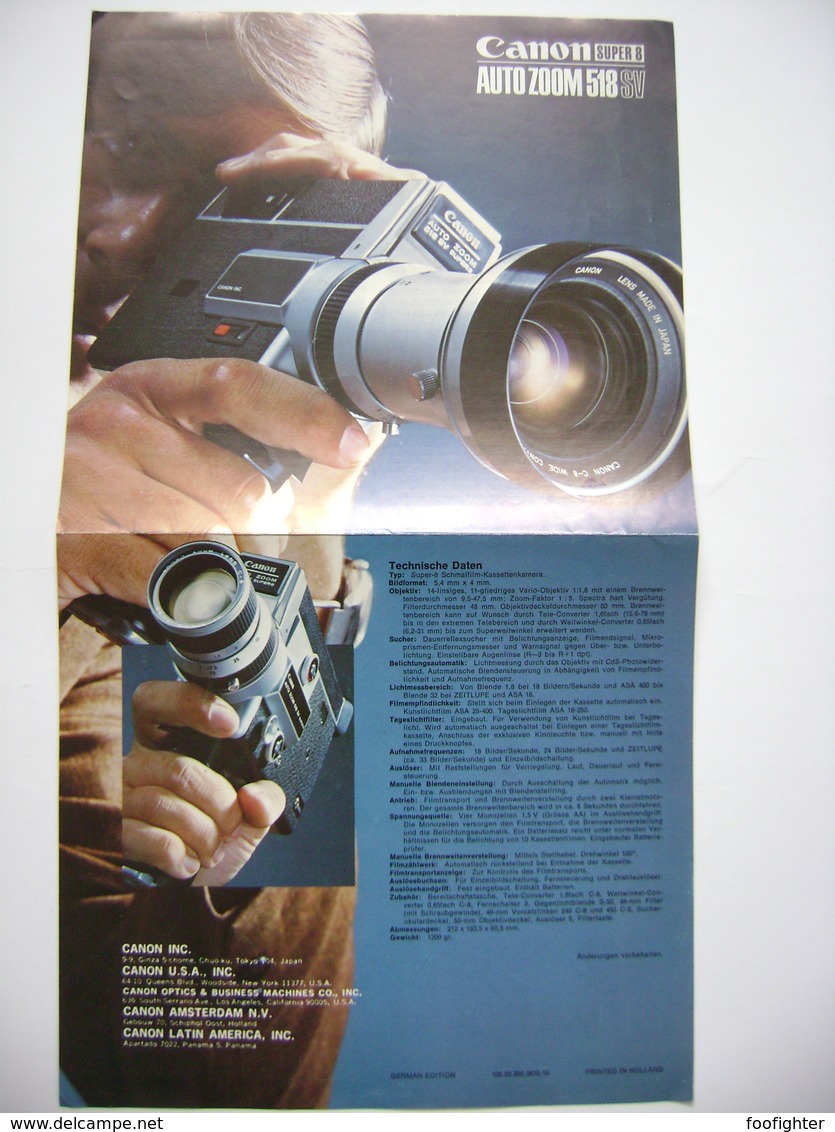 CANON Super 8 Auto Zoom 518 SV - Kamera Camera - Japan, Technische Daten, Werbung, Brochure 4 Seiten - Cameras