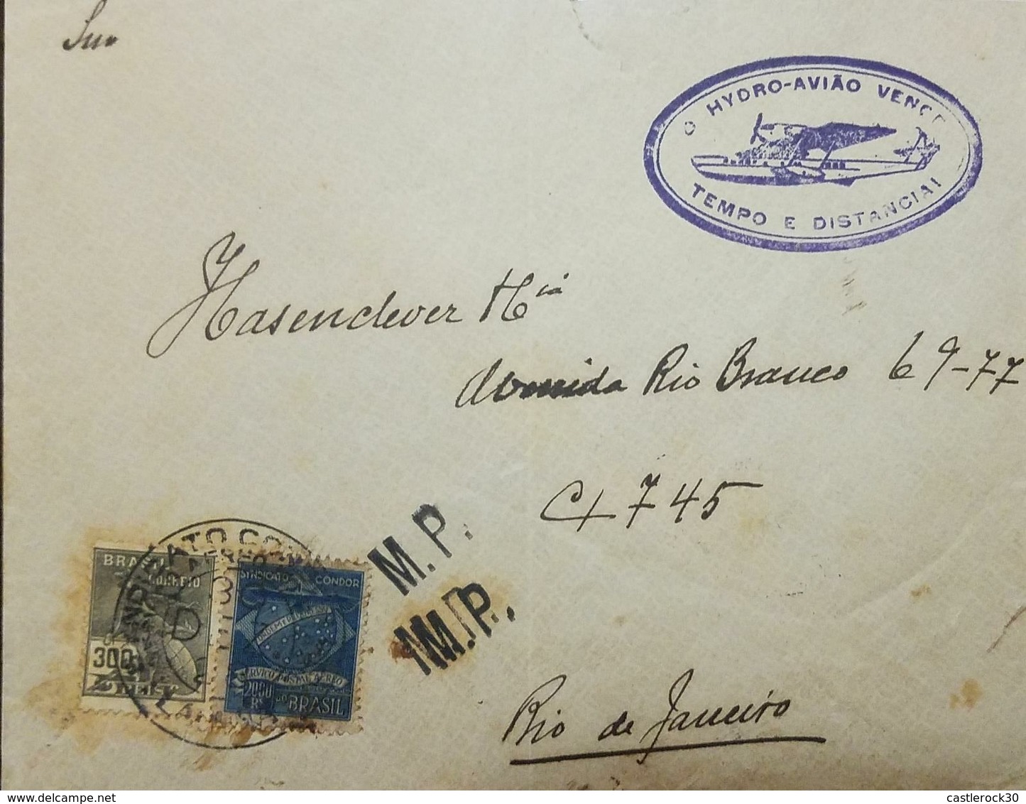 O) 1930 BRAZIL, TIME AND DISTANCE - HIDRO PLANE,  M.P. SINDICATO CONDOR -SYNDICATO, MERCURY 300 REIS-SINDICATO CONDOR 20 - Covers & Documents