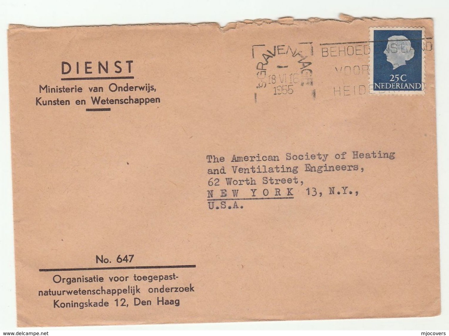 1955 NETHERLANDS COVER Ministry Education To Heating Ventilating Society USA , Stamps - Covers & Documents