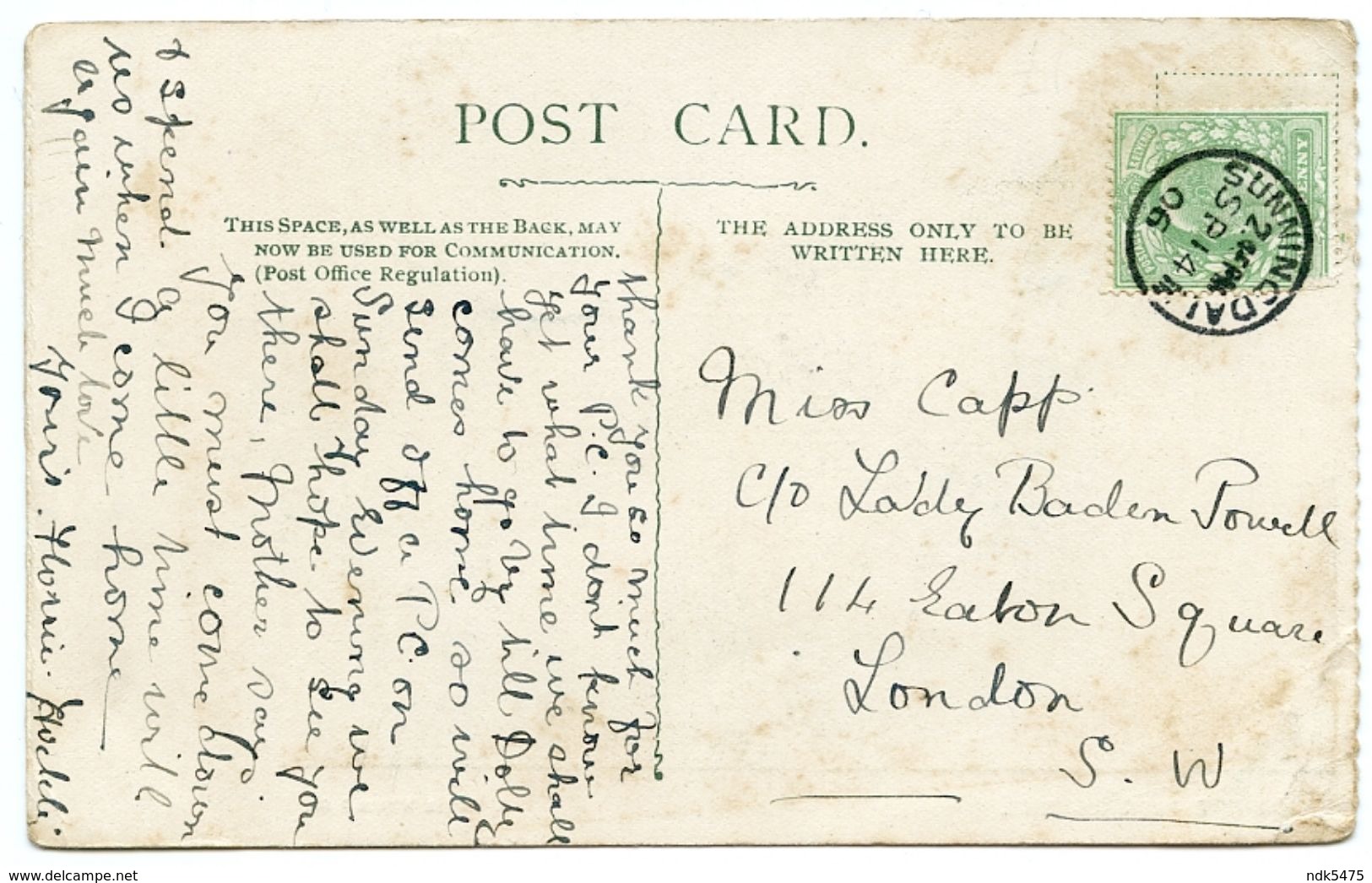 SCOUTING : LADY BADEN POWELL / READING - PROSPECT PARK / POSTMARK - SUNNINGDALE / LONDON, EATON SQUARE - Scouting