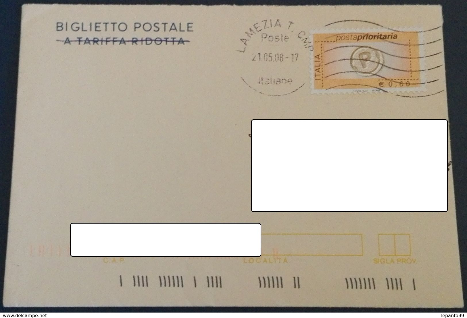 823	BIGLIETTO POSTALE SIRACUSANA UTILIZZATO RICOPERTO PRIORITARIA EURO 0,60 21.5.08 - Ganzsachen