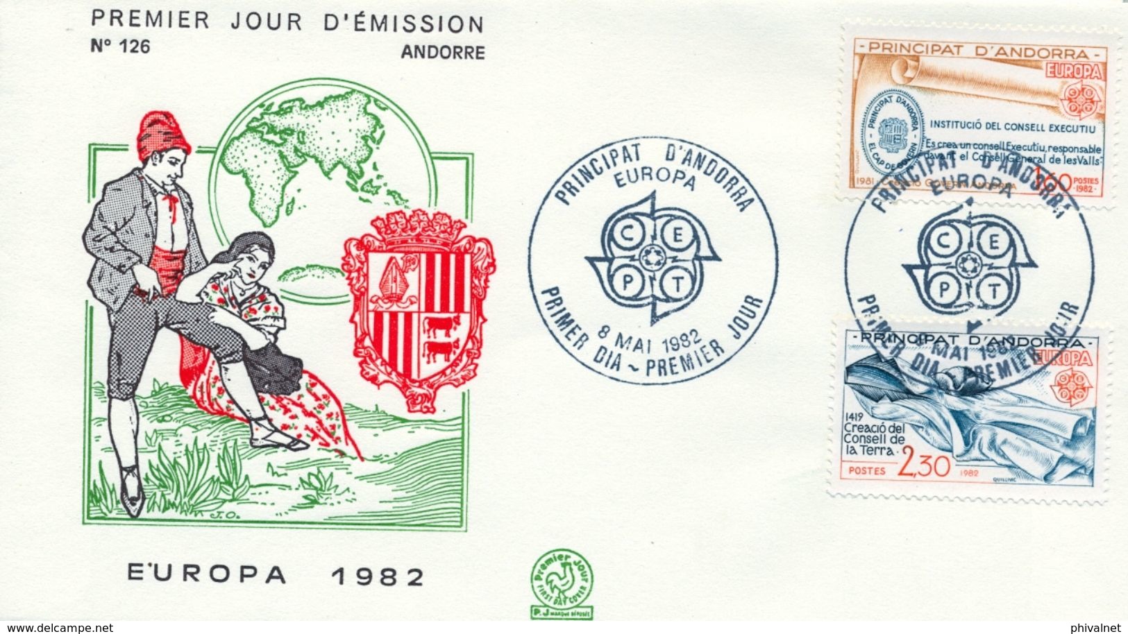 1982 , ANDORRA FRANCESA , PRIMER DIA , ED. 321 / 322 - TEMA EUROPA , HECHOS HISTÓRICOS - FDC