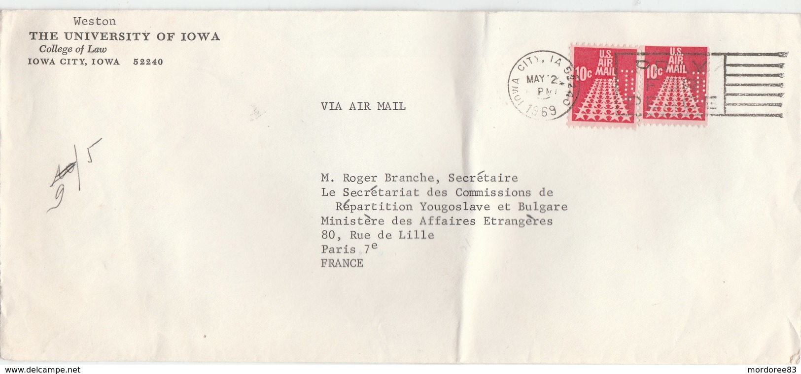 USA PERFORE PERFIN LETTRE COVER THE UNIVERSITY OF IOWA 1969 POUR FRANCE PARIS -                TDA248A - Perforados