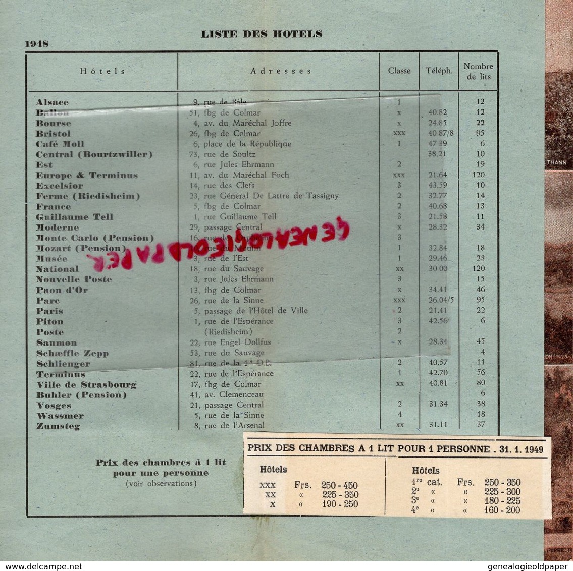 68- MULHOUSE- RARE DEPLIANT TOURISTIQUE 1949-LISTE HOTELS TARIFS- IMPRIMERIE RUGE FRERES- - Dépliants Touristiques