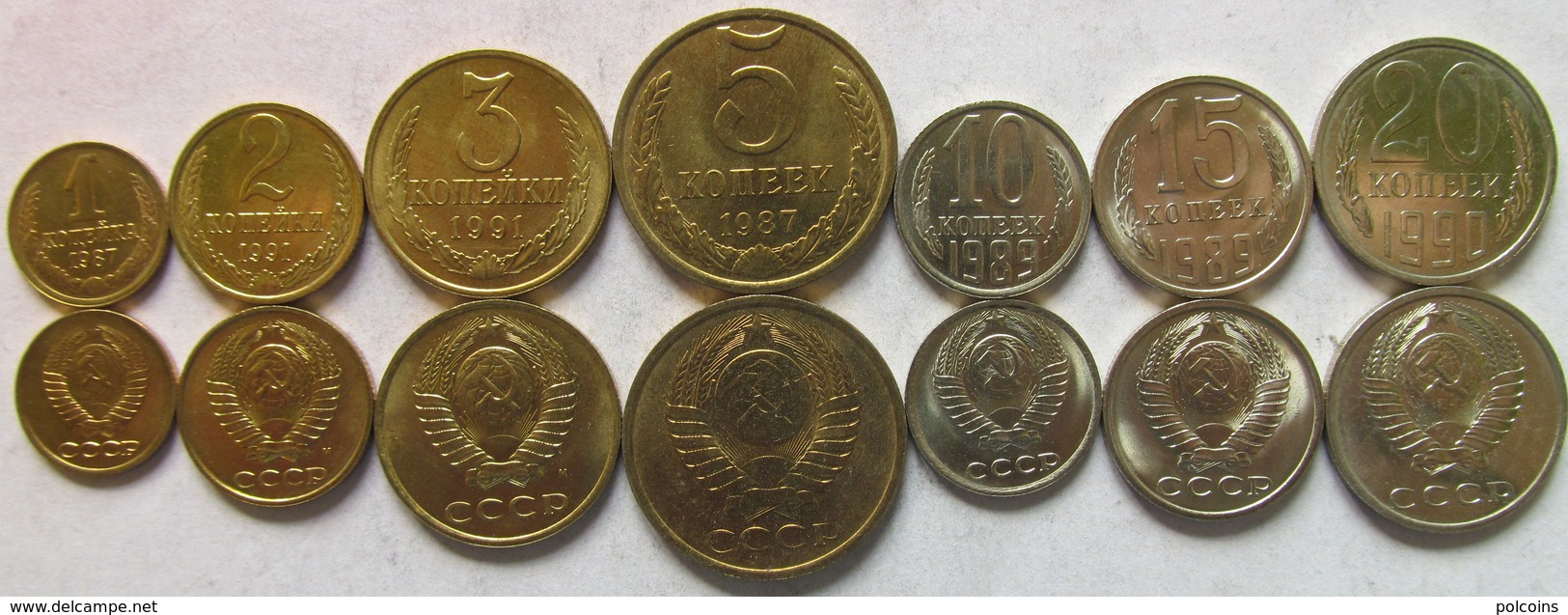 Russia - Soviet Union Set Of 7 Coins 1987-1991 "1+2+3+5+10+15+20 Kopeek" UNC - Russia