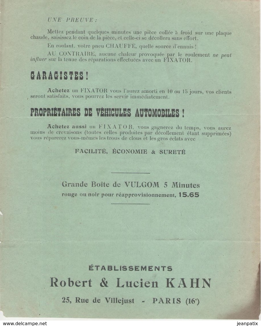 Document Commercial Tarif - FIXATOR - Vulcanisation à Chaud - Pneu Véhicules Automobiles - Robert & Lucizn KAHN - PARIS - 1900 – 1949