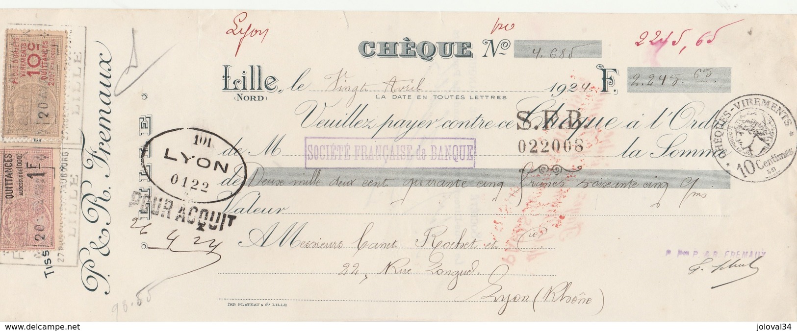 Lettre Change Chèque 20/4/1924  Fremaux Tissages LILLE Nord à Canet Rochet Lyon Timbre + Cachet Fiscal - Cambiali