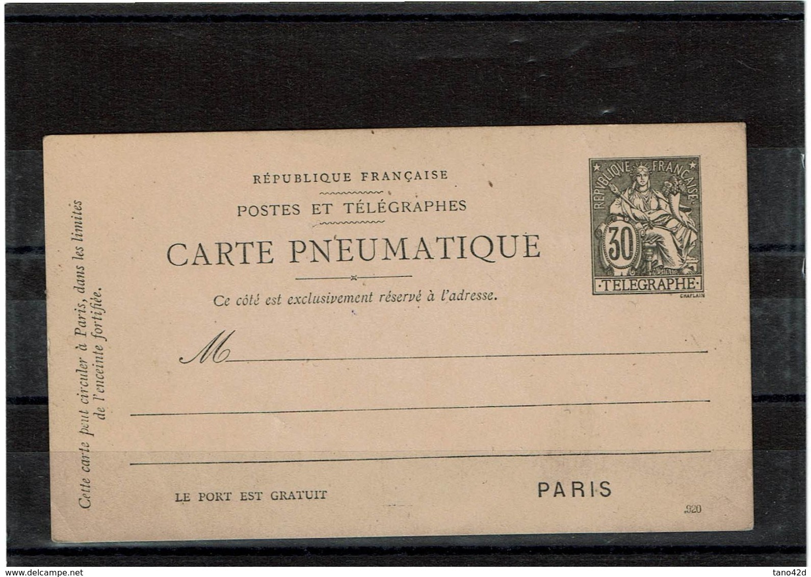 CTN27 - CARTE PNEUMATIQUE CHAPLAIN 30c DATE 920 STORCH N°B10 - Neumáticos