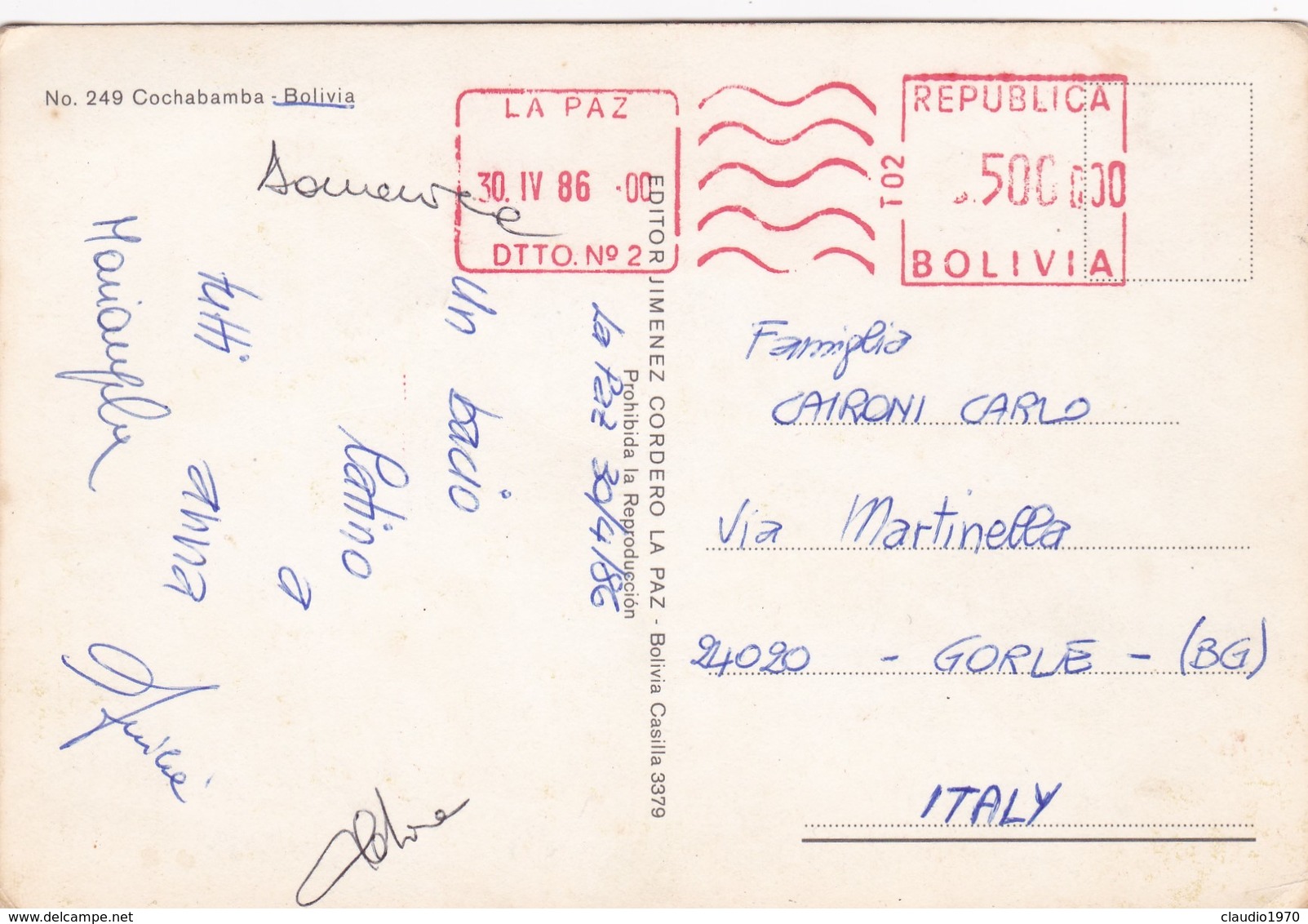 CARTOLINA - POSTCARD - BOLIVIA - COCHABAMBA - Bolivia