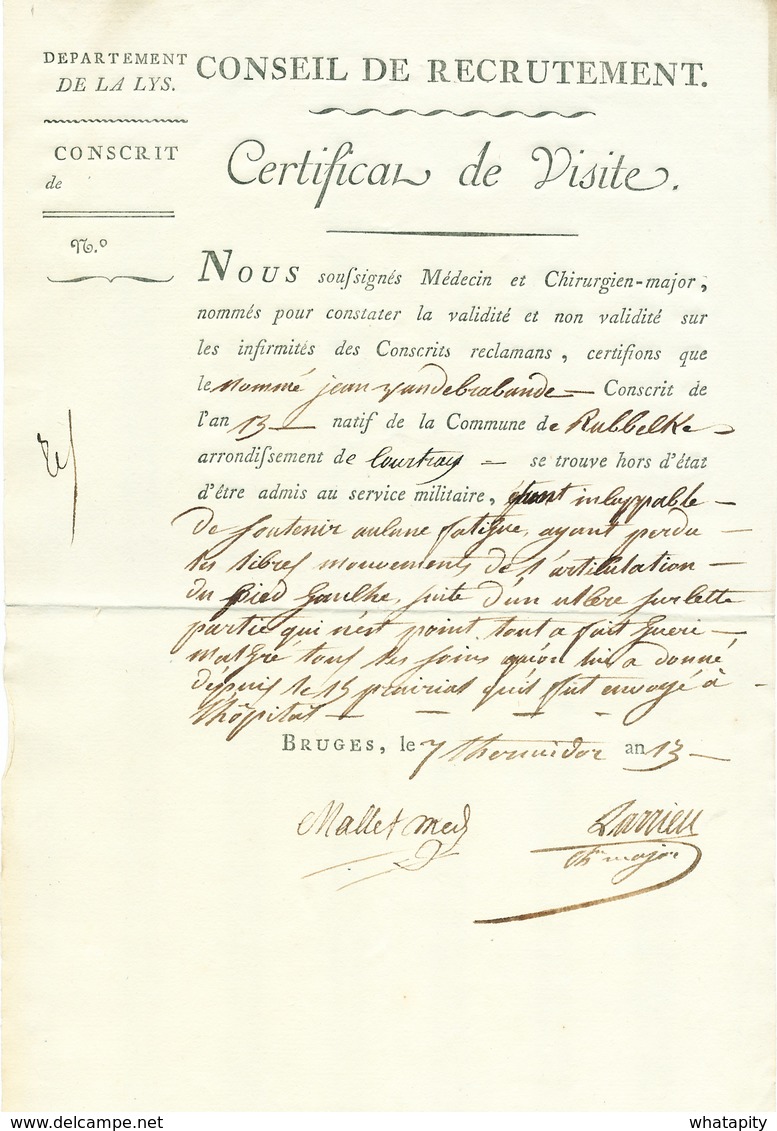 ZZ215 - Document An 13 BRUGES - Certificat Médical Conscrit Vandebrabande - Commune De Rubbelke = RUMBEKE - 1794-1814 (French Period)