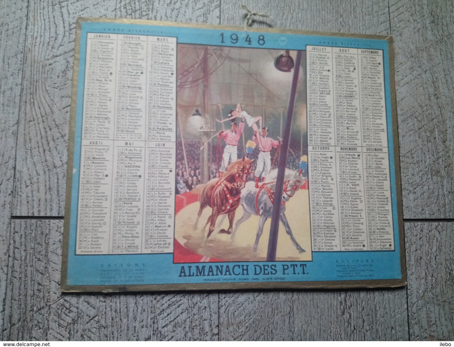 Calendrier Almanach Des Postes Des Télégraphes 1948 Le Cirque Acrobates Sur Un Cheval - Big : 1941-60