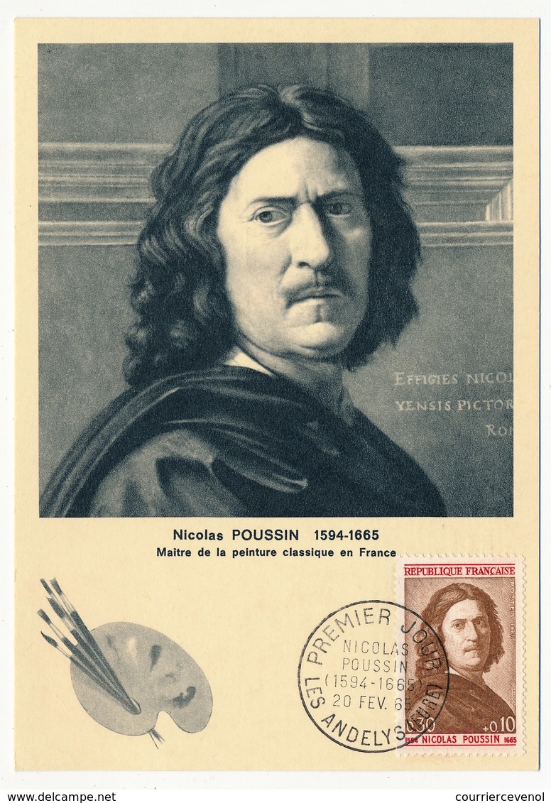 FRANCE => 0,30 + 0,10F Nicolas POUSSIN Sur Carte Maximum, Premier Jour LES ANDELYS (Eure) 1965 - 1960-1969