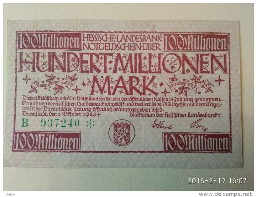 GERMANIA Darmftadt 100 Milioni Mark 1923 - [11] Emissioni Locali