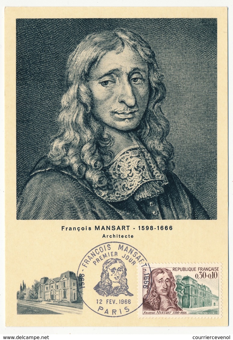FRANCE => 0,30 + 0,10F François MANSART Sur Carte Maximum, Premier Jour PARIS 1966 - 1960-1969