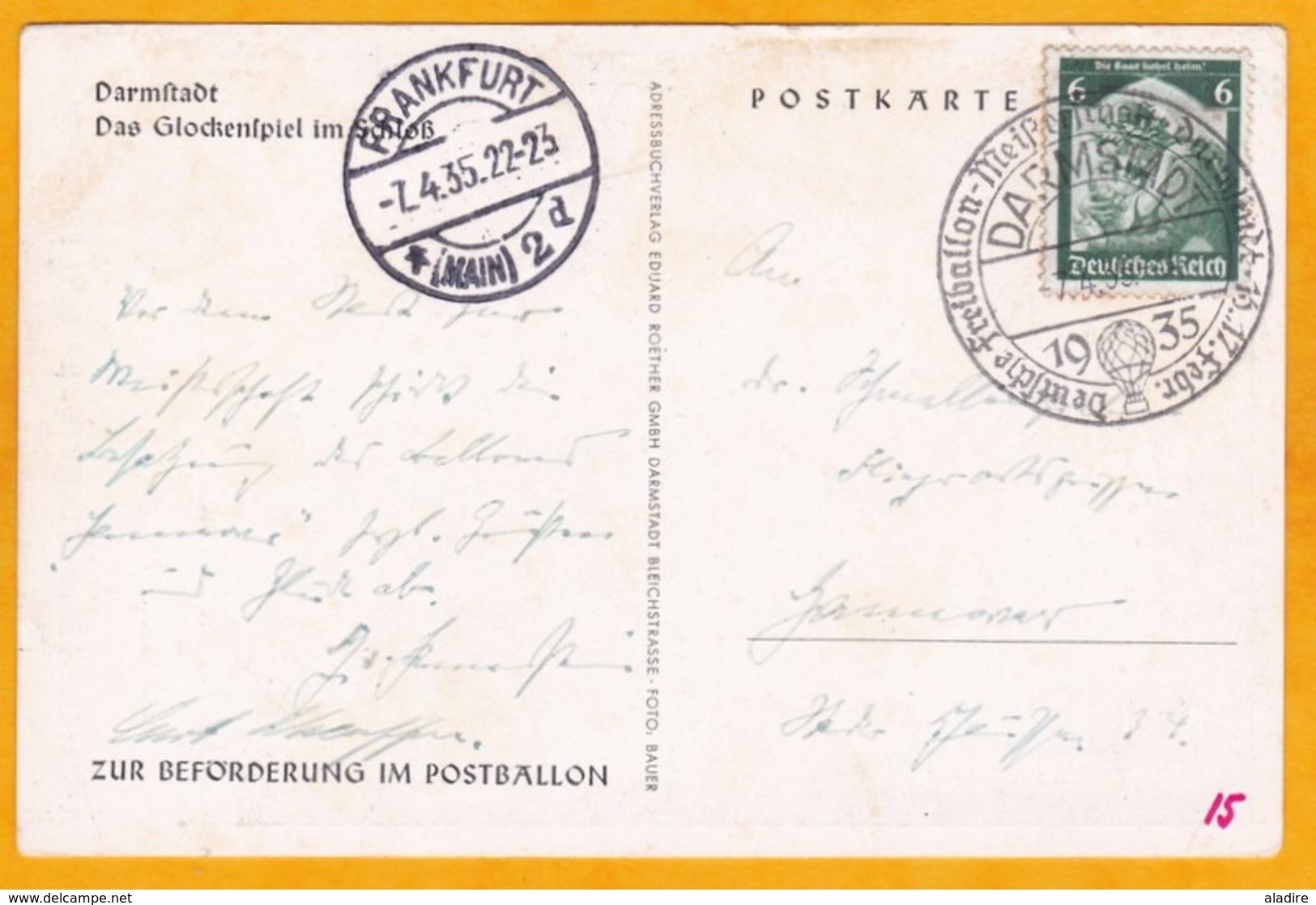 1935 - Carte Postale De Darmstadt Par Ballon Libre Vers Frankfurt, Allemagne - Obl Spéciale, Cad Arrivée - Briefe U. Dokumente