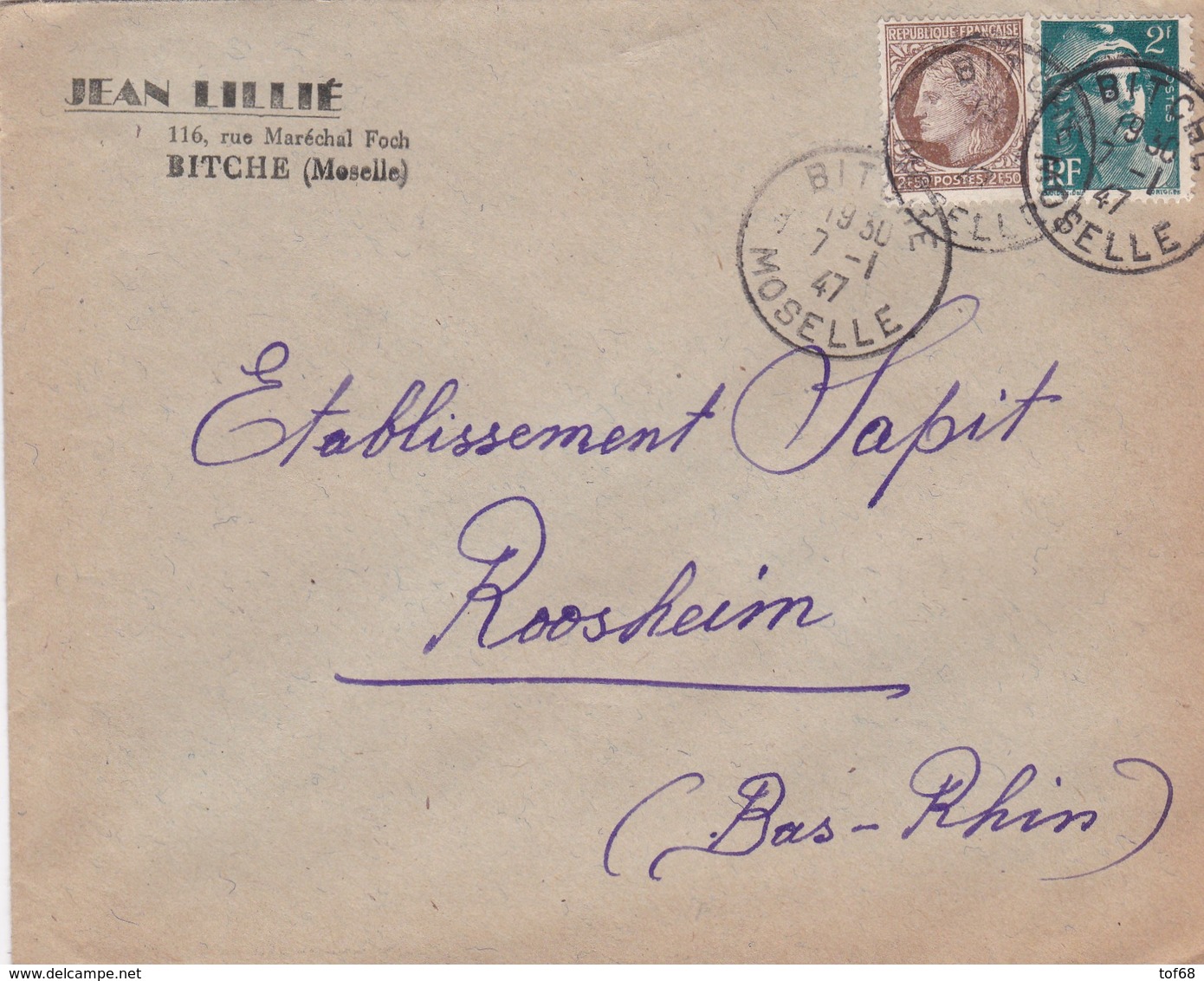 Lettre à Entête Bitche 1947 Jean Lilié Pour Sapit Rosheim - 1921-1960: Période Moderne