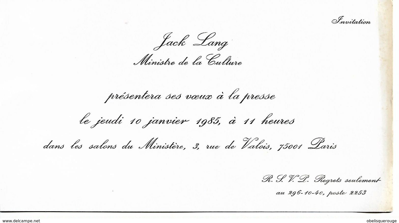 JACK LANG MINISTRE DE LA CULTURE RECOIT 10 JANVIER 1985 - Empfänge