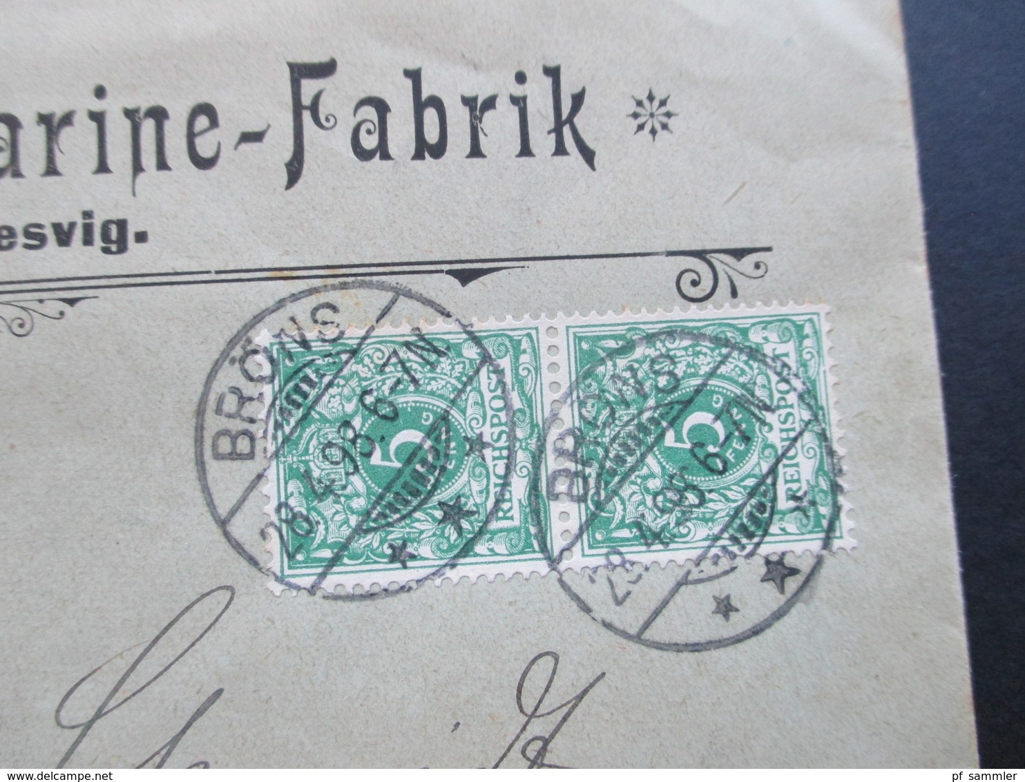 DR Nordschleswig 1898 Nr. 46 MeF Senkrechtes Paar!! Firmenbrief Bröns Margarinefabrik Gitterstempel Bröns - Covers & Documents