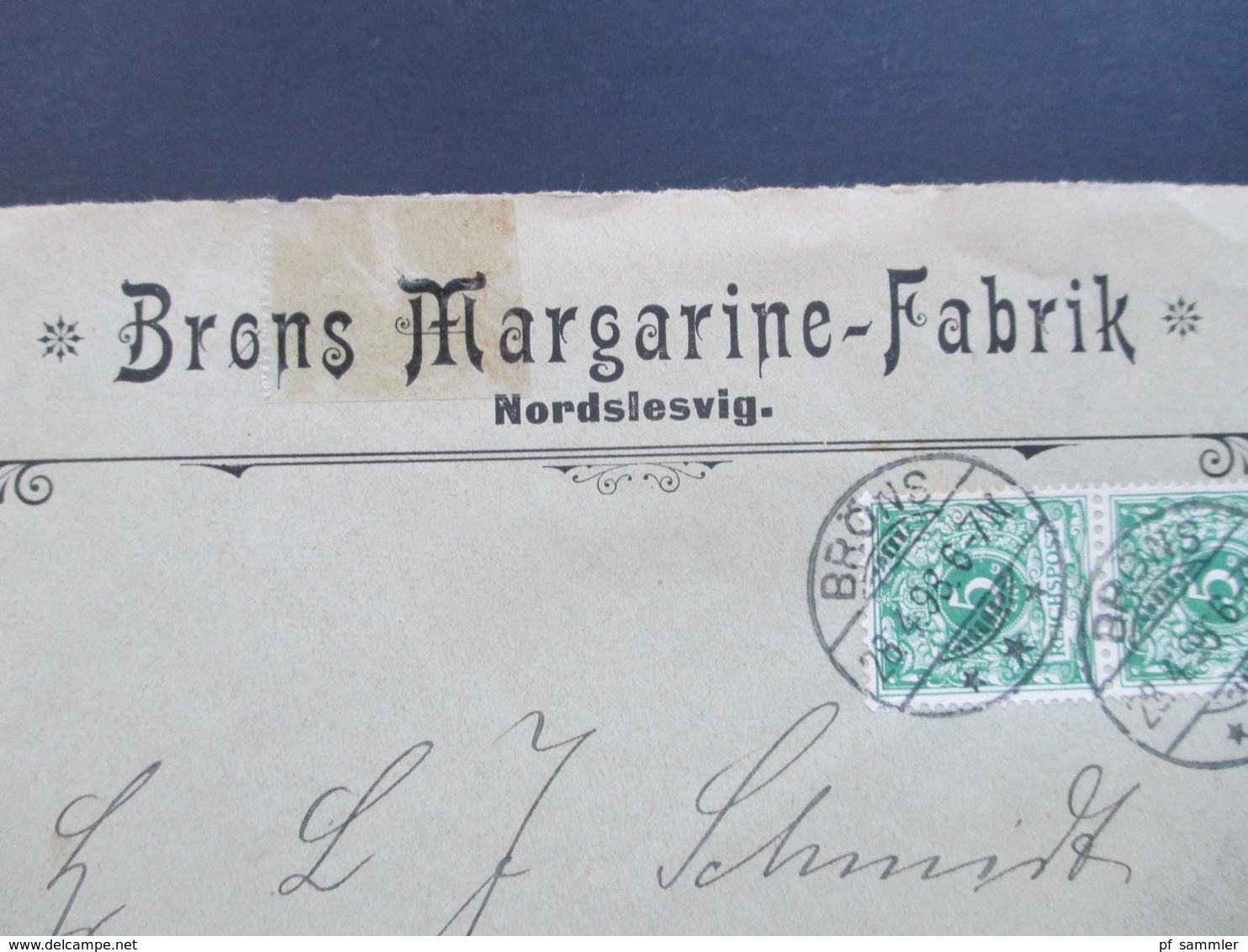 DR Nordschleswig 1898 Nr. 46 MeF Senkrechtes Paar!! Firmenbrief Bröns Margarinefabrik Gitterstempel Bröns - Covers & Documents