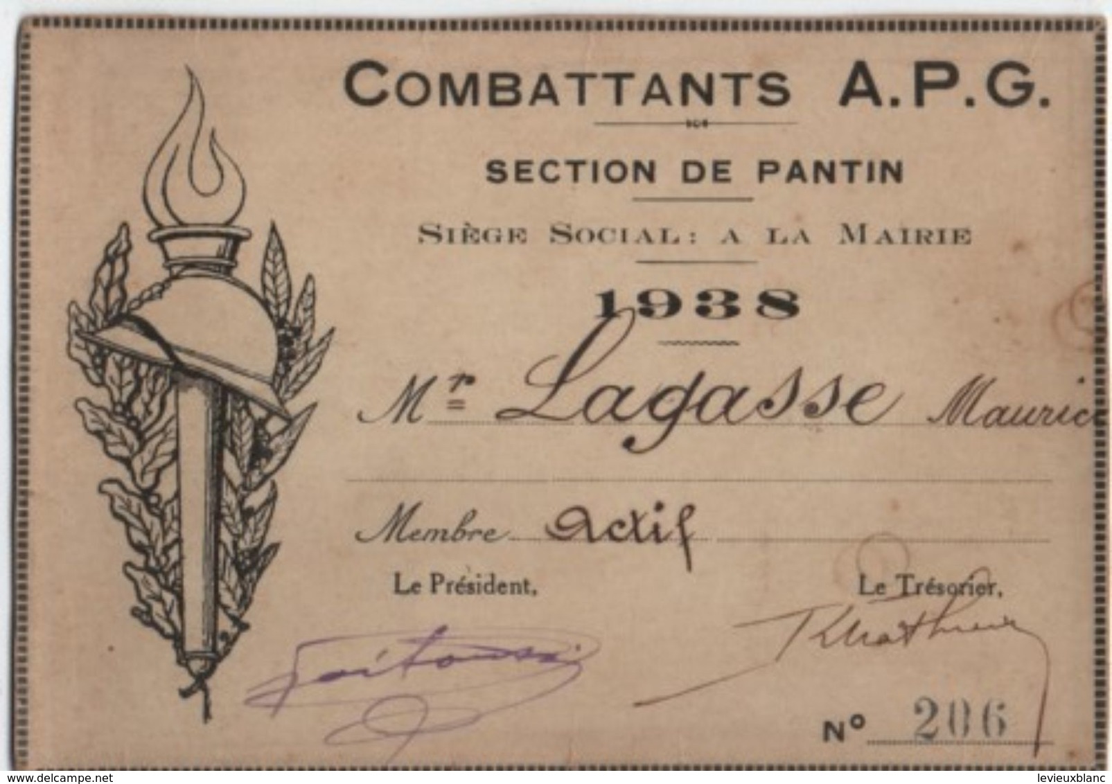 Carte Membre Actif/Combattants APG/Section De PANTIN/ Lagasse Maurice / 1938               AEC102 - Dokumente