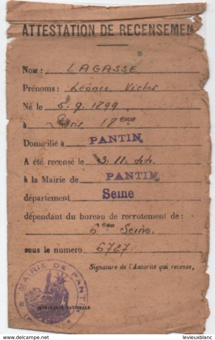 Militaria/ Attestation De Recensement / Mairie De PANTIN/ Seine / Léonce Lagasse/ 1944               AEC103 - Documents