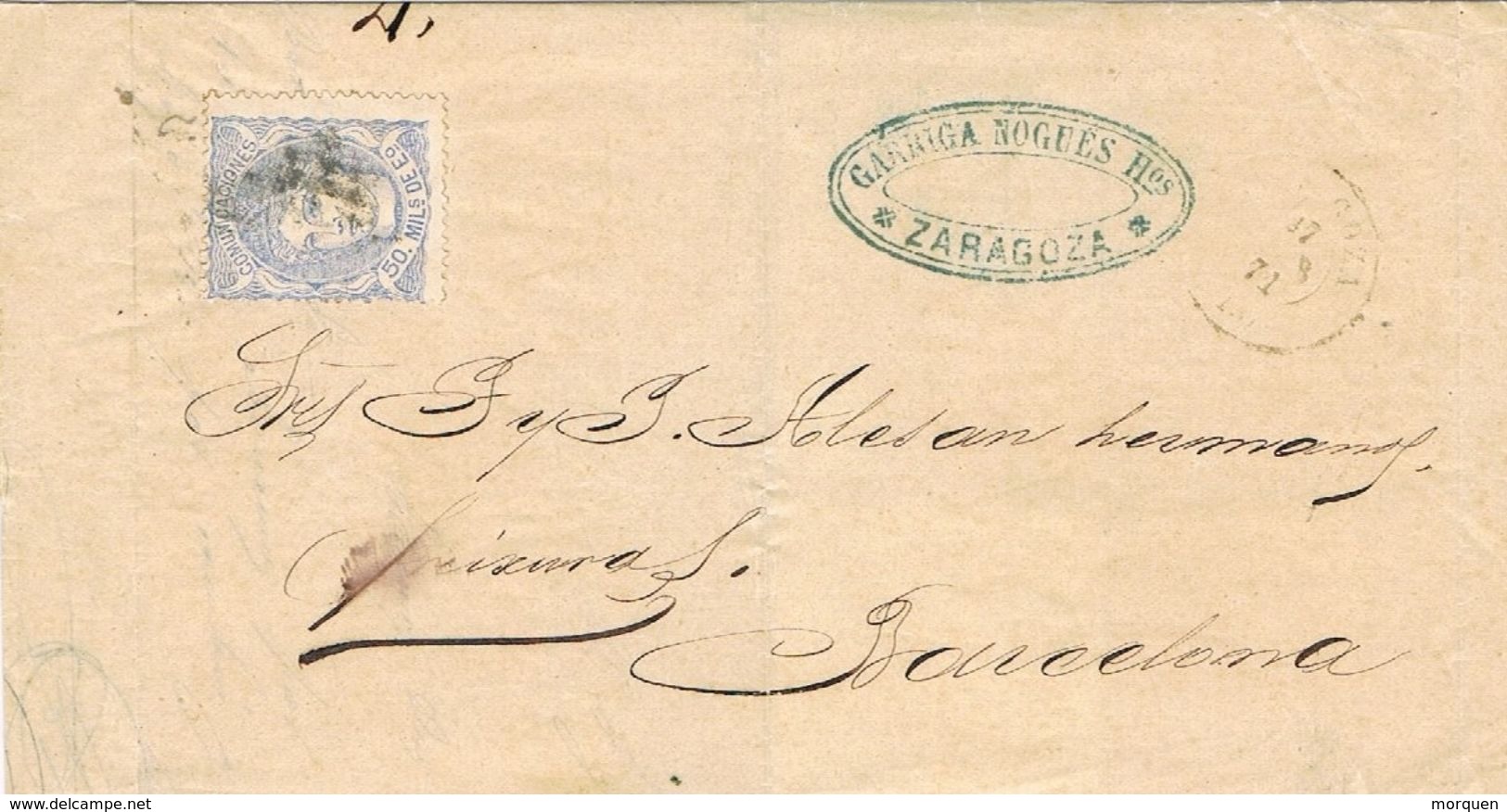 27706. Carta Entera ZARAGOZA 1871. Alegoria. Comercial Garriga Nogues - Storia Postale