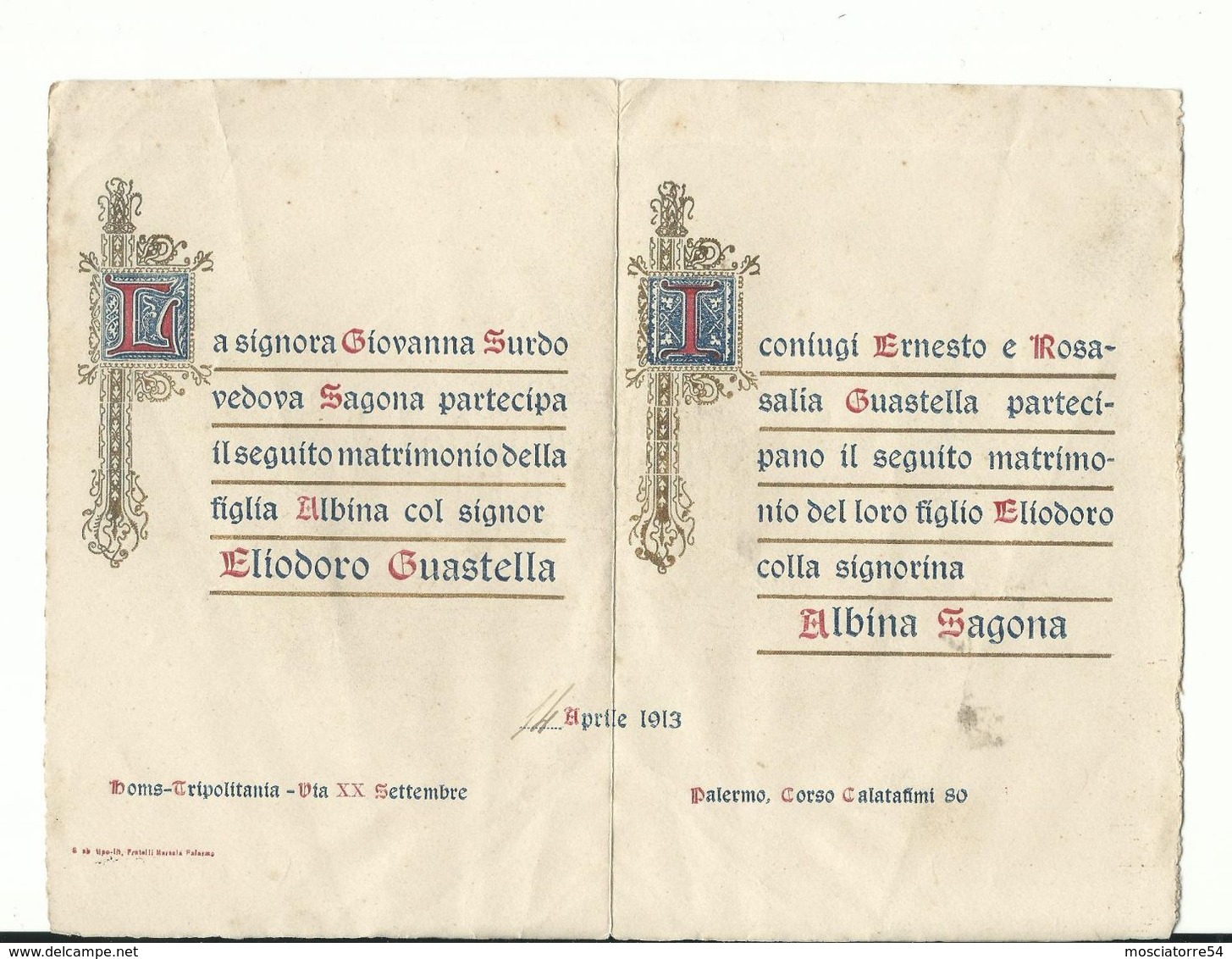 Pergamena Partecipazione Matrimonio Anno 1913 - Menu