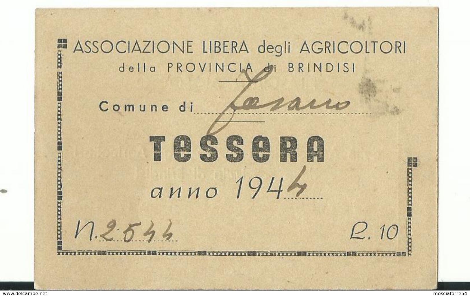 Tessera " Associazione Libera Degli Agricoltori " - Anno 1944 - Altri & Non Classificati