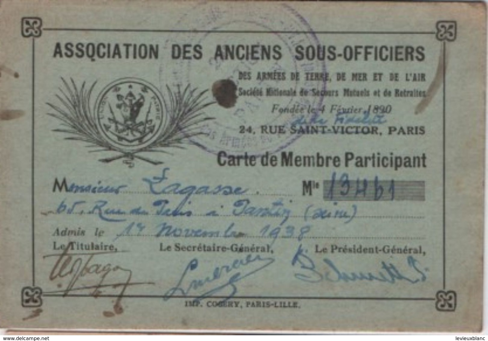 Militaria/Carte De Membre Participant/Association Des Anciens Sous-Officiers/Lagasse/ PANTIN/1938          AEC109 - Documents