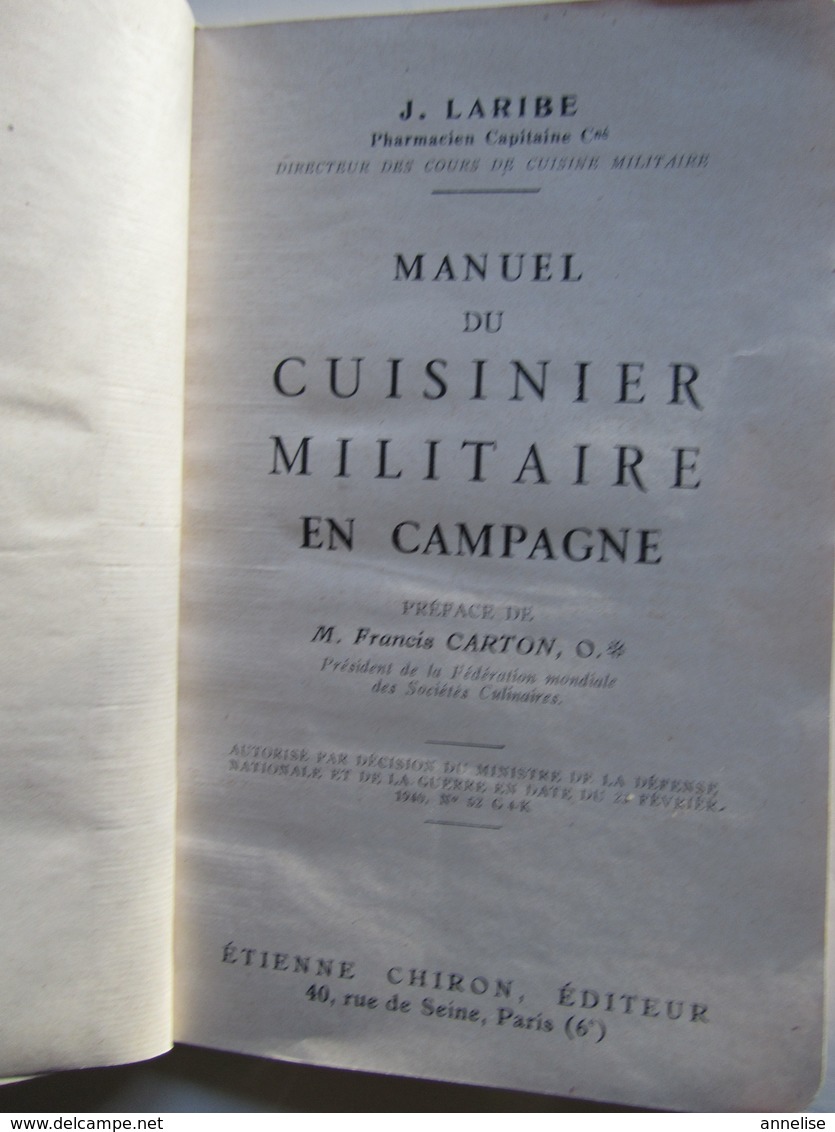 Manuel Du Cuisinier Militaire En Campagne 1940 - Other & Unclassified