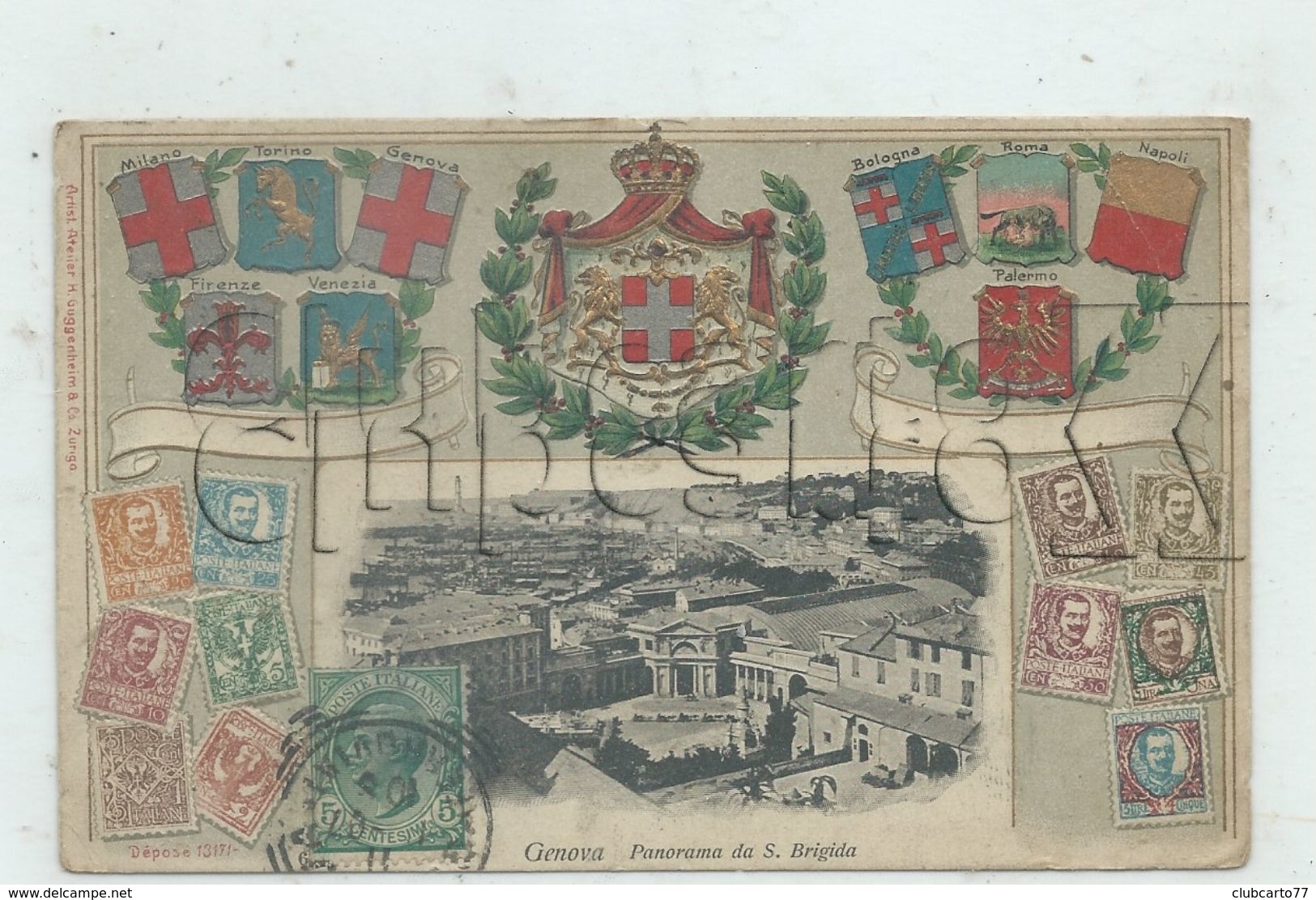 Genova Ou Gênes (Italie, Liguria) :Blason Et Timbres D'italie + Panorma De S. Brigida En 1907 (CP Reliefs) PF. - Genova