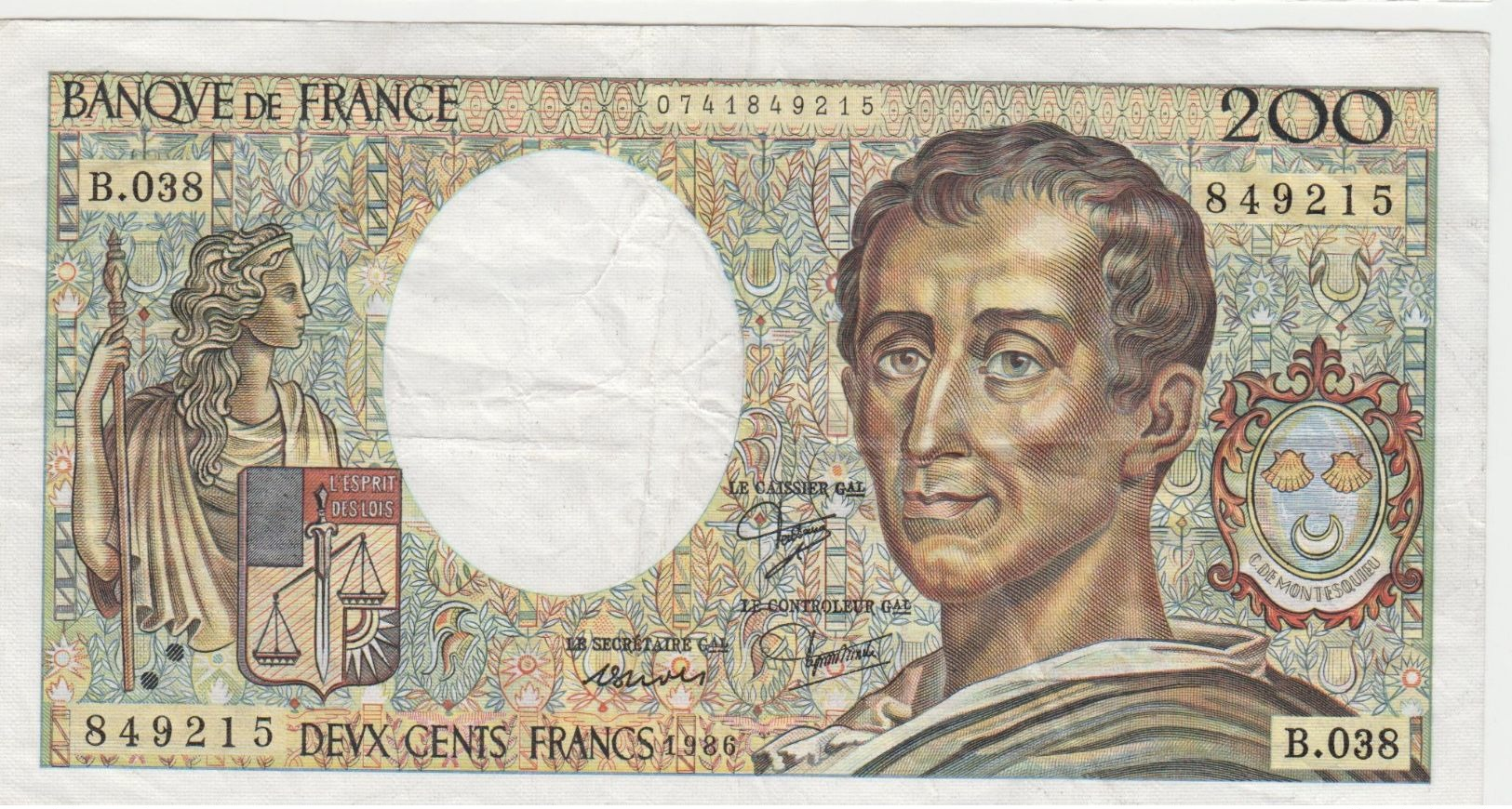 FRANCE 200 Francs 1986 P155a 70/06 VF- B.038 - 200 F 1981-1994 ''Montesquieu''