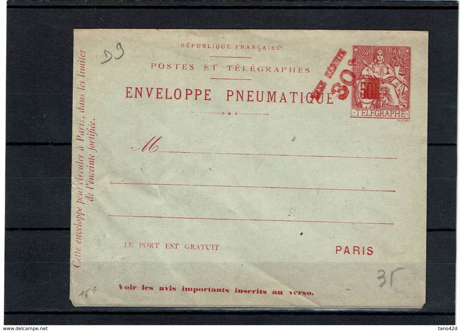 CTN27 - ENVELOPPE PNEUMATIQUEE CHAPLAIN 50c  SURCH. 60c AVEC TRAITS SANS DATE STORCH N°D9 - Pneumatic Post