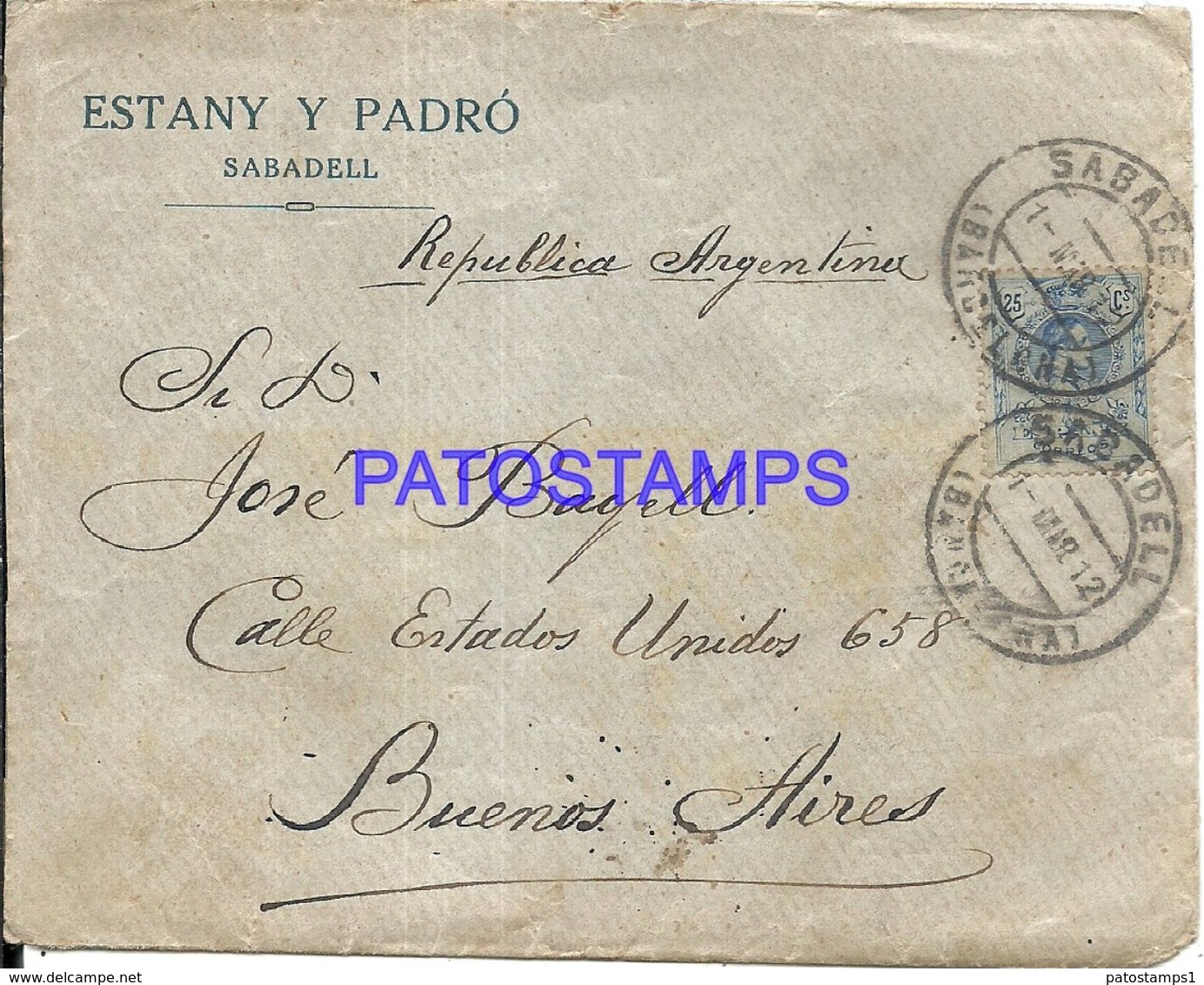 90293 SPAIN BARCELONA SABADELL COVER YEAR 1912 CIRCULATED TO ARGENTINA NO POSTAL POSTCAR1D - Other & Unclassified