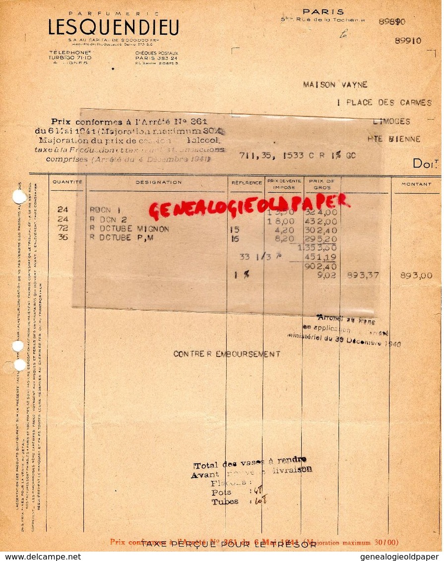 75-PARIS-  FACTURE PARFUMERIE LESQUENDIEU-5 BIS RUE TACHERIE- PARFUM PARFUMS- 1940  GUERRE 1939-1945 - Perfumería & Droguería