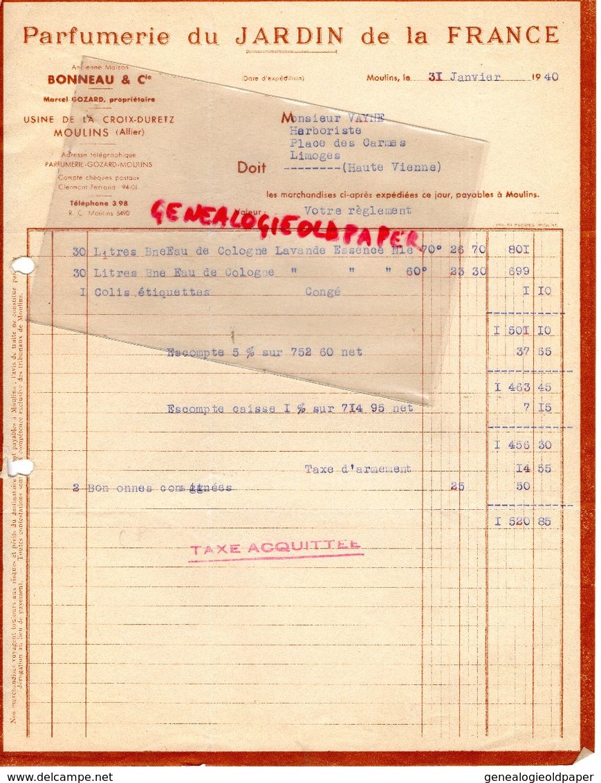 03- MOULINS- FACTURE PARFUMERIE DU JARDIN DE FRANCE-BONNEAU & CIE-USINE CROIX DURETZ-PARFUMEUR-PARFUM-1940 - Drogisterij & Parfum