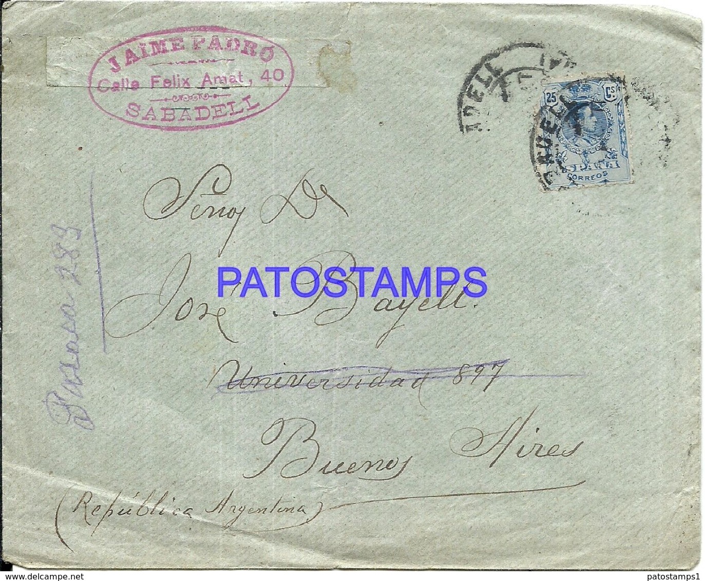 90310 SPAIN BARCELONA SABADELL COVER YEAR 1917 CIRCULATED TO ARGENTINA NO POSTAL POSTCAR1D - Other & Unclassified