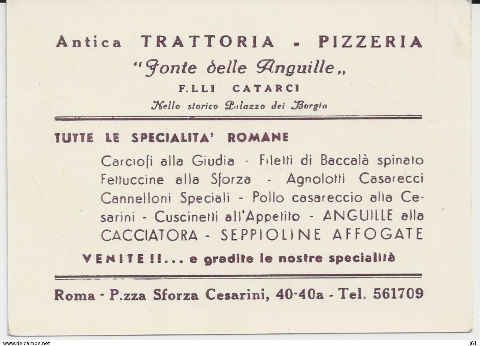 ROME ANTICA TRATTORIA PIZZERIA FONTE DELLE ANGUILLE FLLI CATARCI CARTE PUBLICITAIRE - Italia