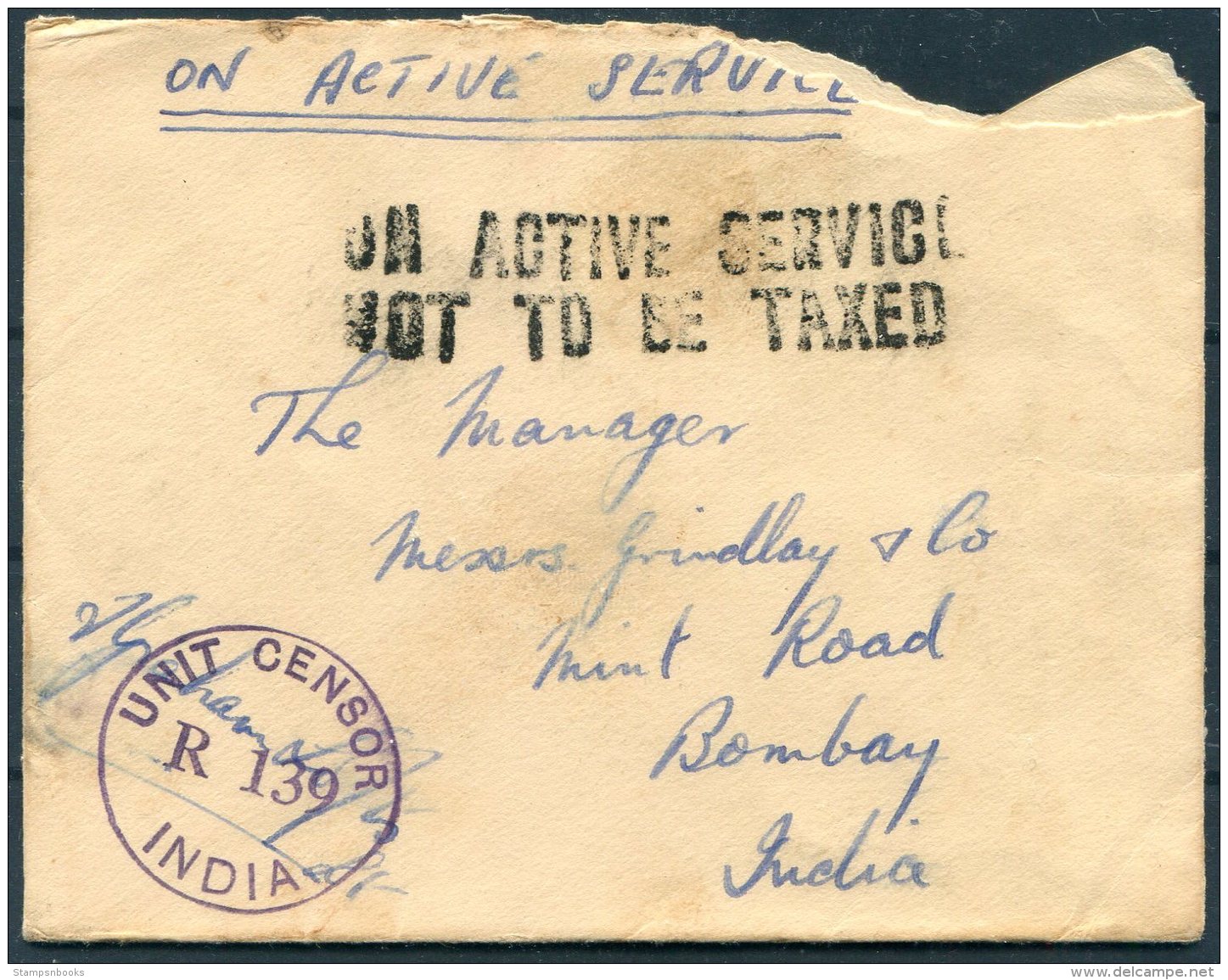 1945 GB OAS O.A.S. India Unit Censor 'On Active Service Not To Be Taxed' FPO 124, Fieldpost Cover - Grindlay &amp; Co,Bo - Covers & Documents