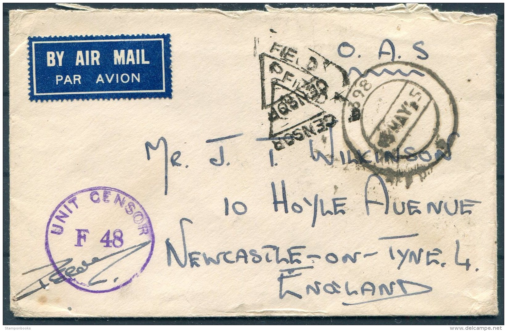 1945 GB India O.A.S. Fieldpost Censor Cover - Newcastle, England. Indian Red Cross, St Johns Ambulance Vignette - Covers & Documents