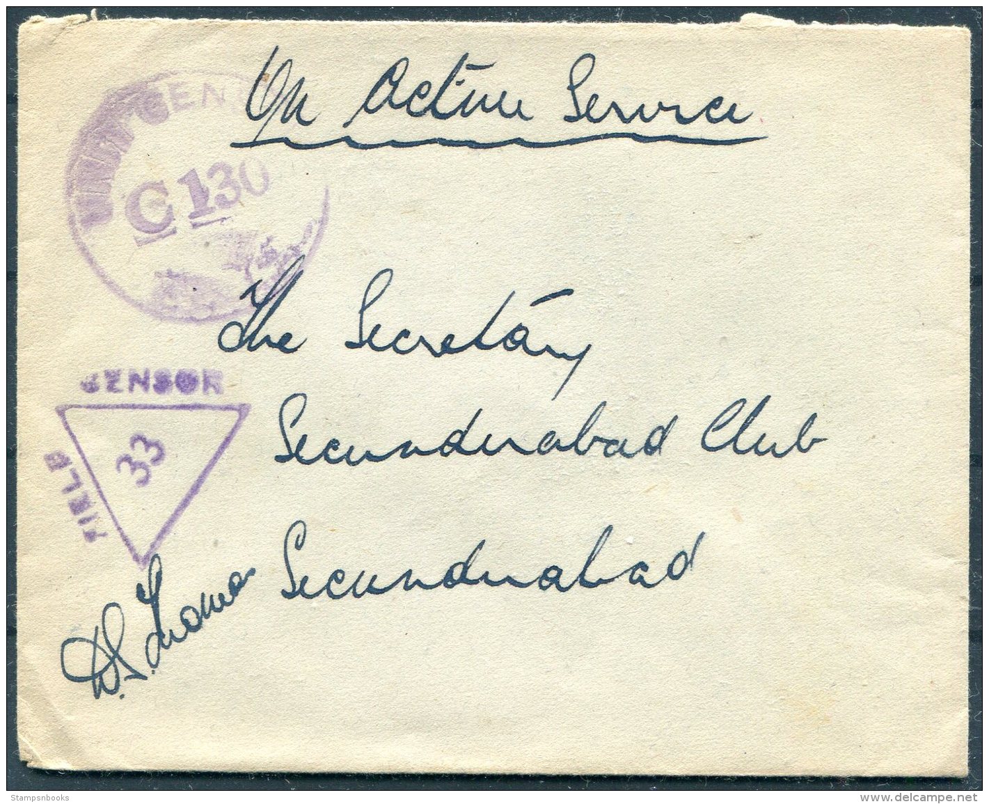 WW2 GB India O.A.S. Fieldpost Censor Cover - Secunderabad Club - Covers & Documents