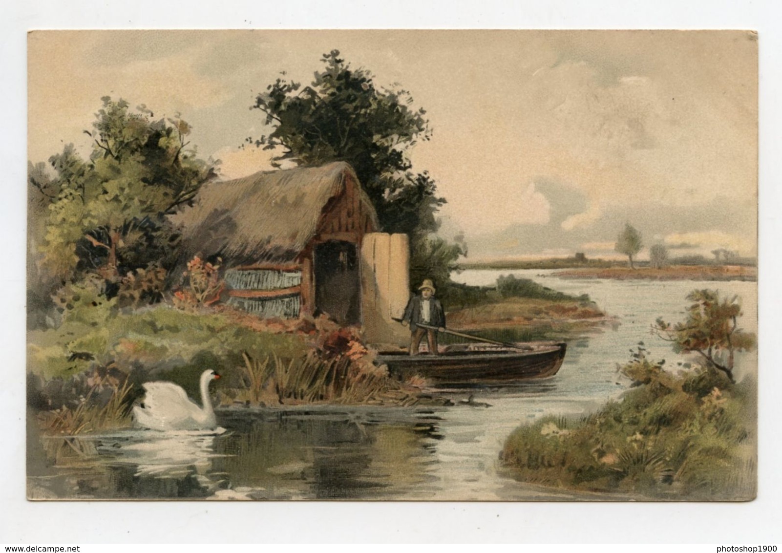 Joli Paysage Homme En Barque Et Cygne . Beautiful Landscape . Man In Boat - Peintures & Tableaux