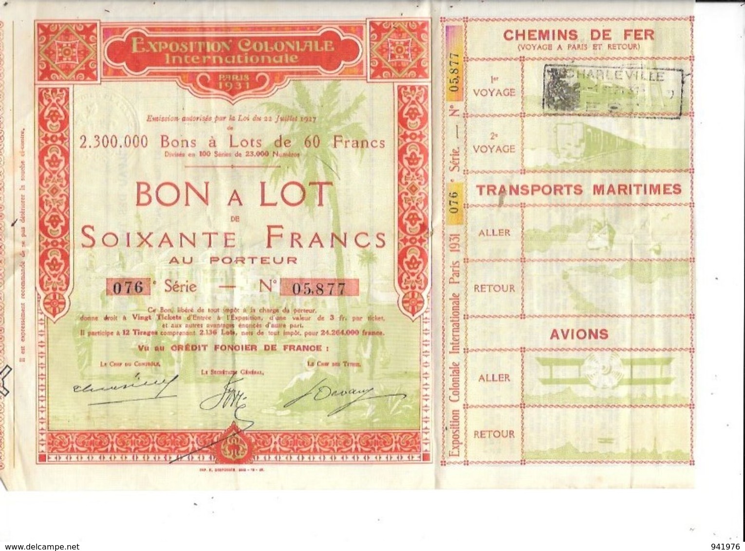 EXPOSITION COLONIALE  INTERNATIONALE PARIS 1931 BON ALOT DE 60 FRANCS AU PORTEUR - Autres & Non Classés