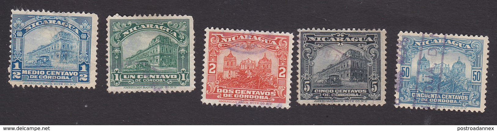 Nicaragua, Scott #349-351, 354, 360, Used, National Palace, Leon Cathedral, Issued 1914 - Nicaragua